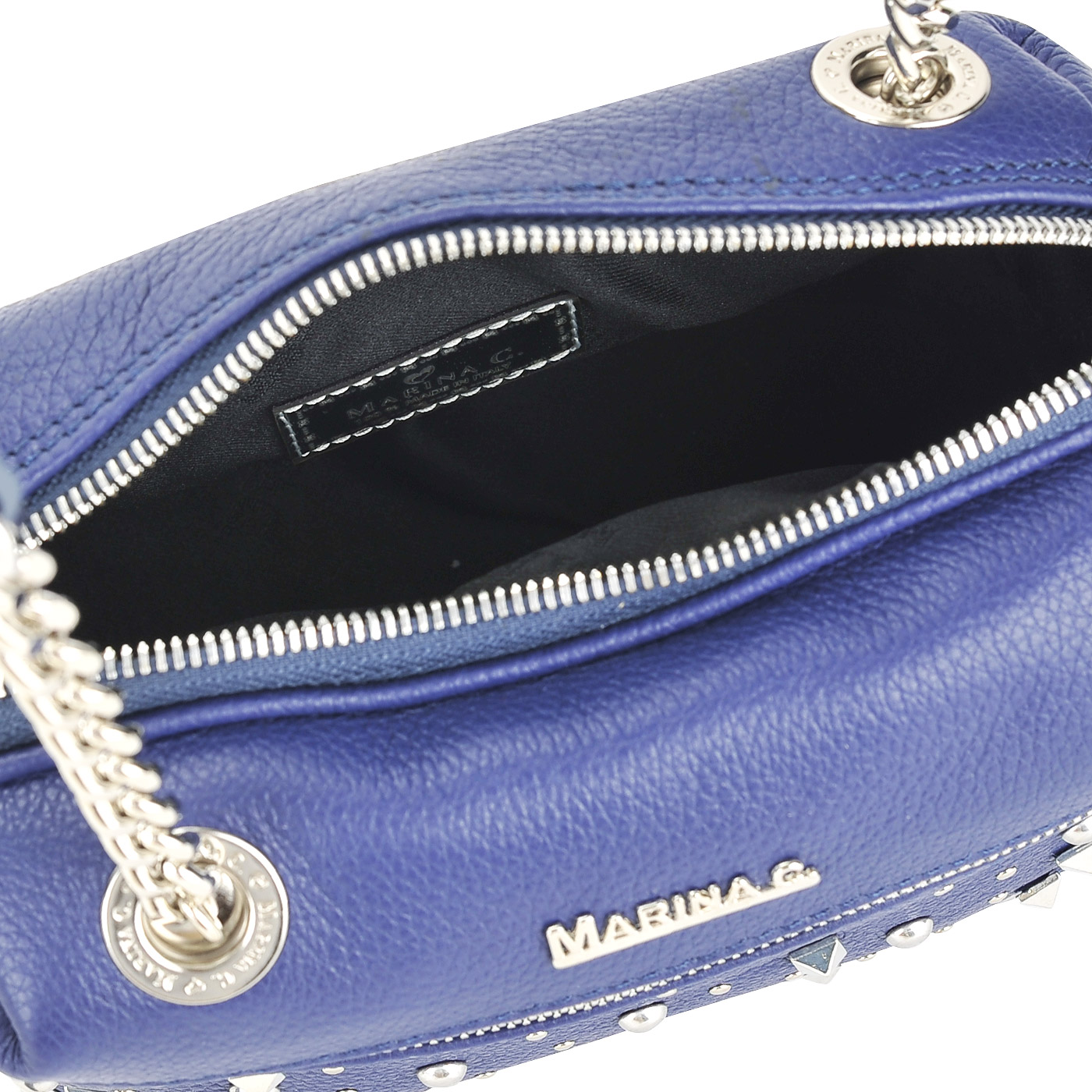 Синяя кожаная сумочка через плечо с серебряными клепками Marina Creazioni 
