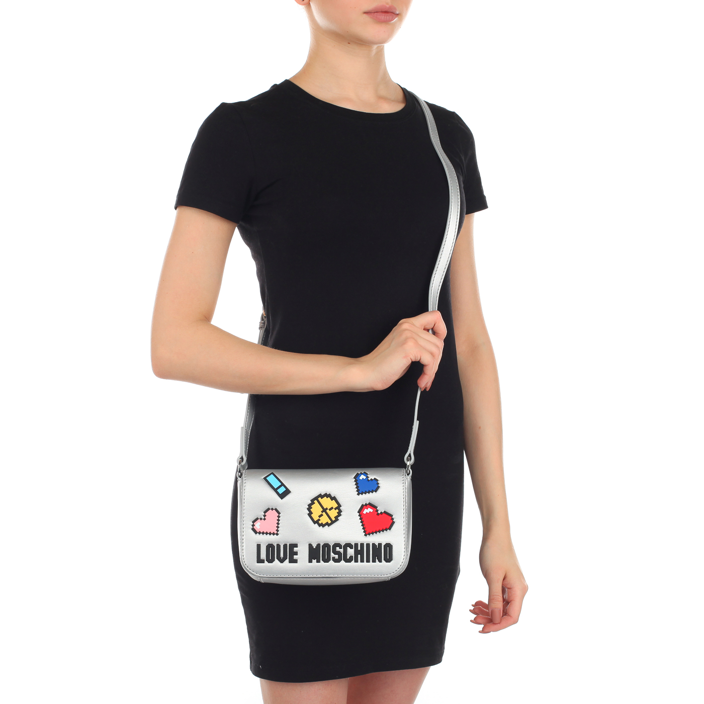 Серебристая сумочка через плечо Love Moschino Love Pixel